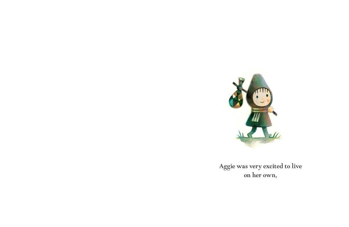 Animated character in a green hooded outfit with a bag on a white background, text 'Aggie was very excited to live on her own'.