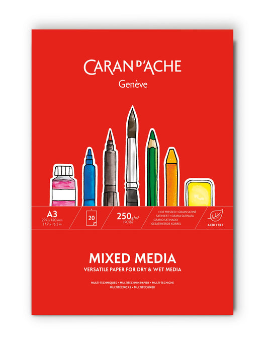 Caran d'Ache mixed media paper pad with illustration of art supplies on a red background
