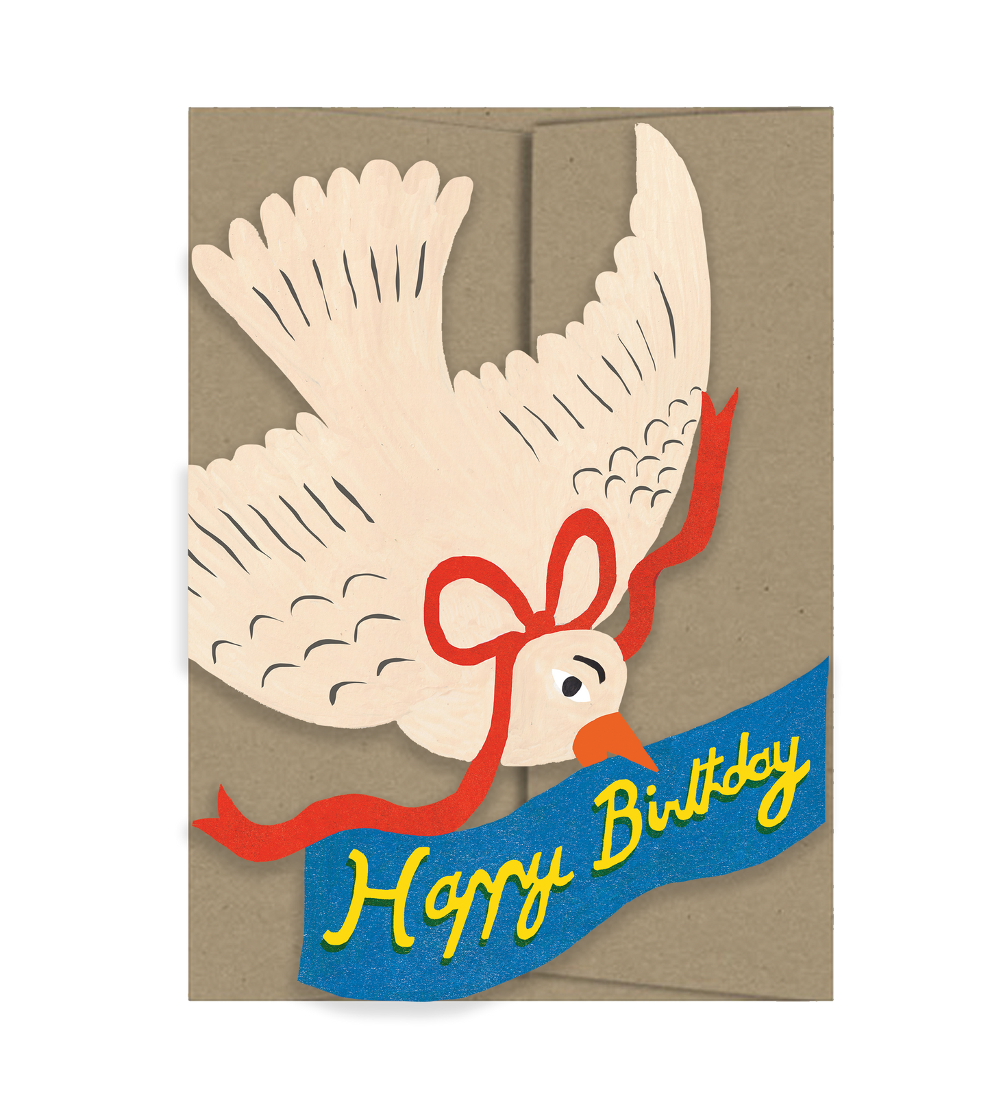 Greeting card with a cutout bird holding a 'Happy Birthday' blue banner on a brown envelope