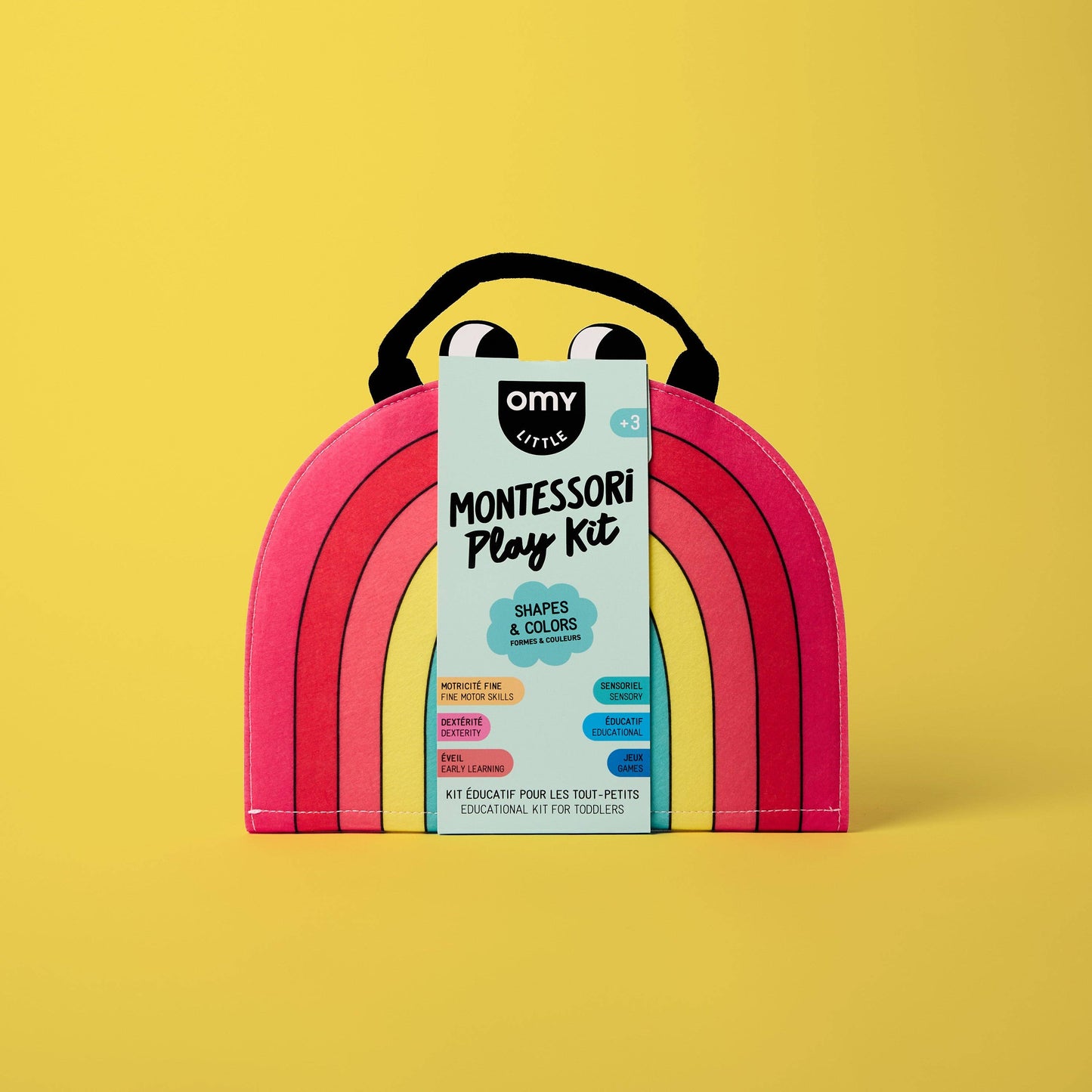 OMY Montessori Play Kit packaging with colorful arch design on a yellow background