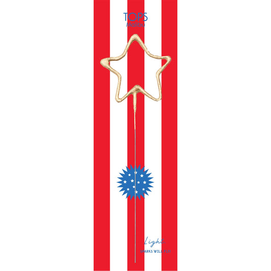 Star-shaped hair clip on a red and white striped background with 'Tops' branding.