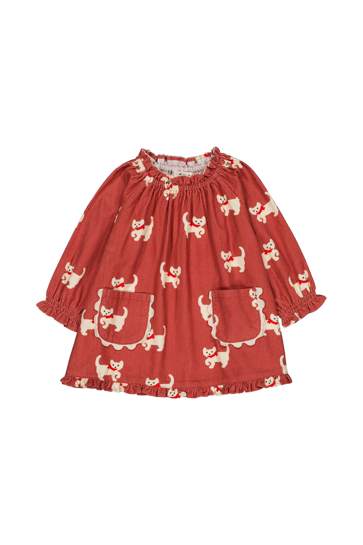 Red baby dress with ruched collar and sleeves with a white kitten pattern allover and two front pockets, on a white background