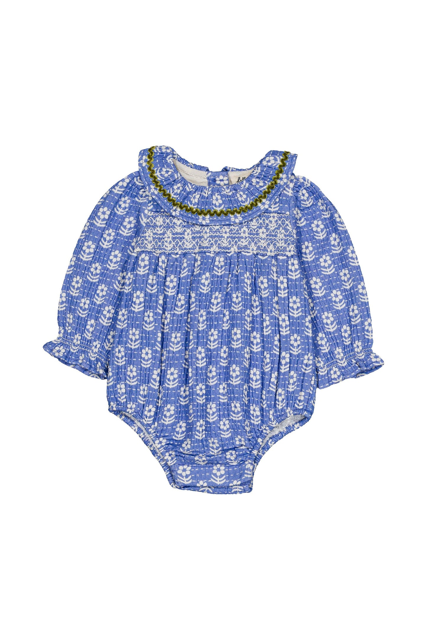 Smocked blue baby romper with ruffle collar on a white background