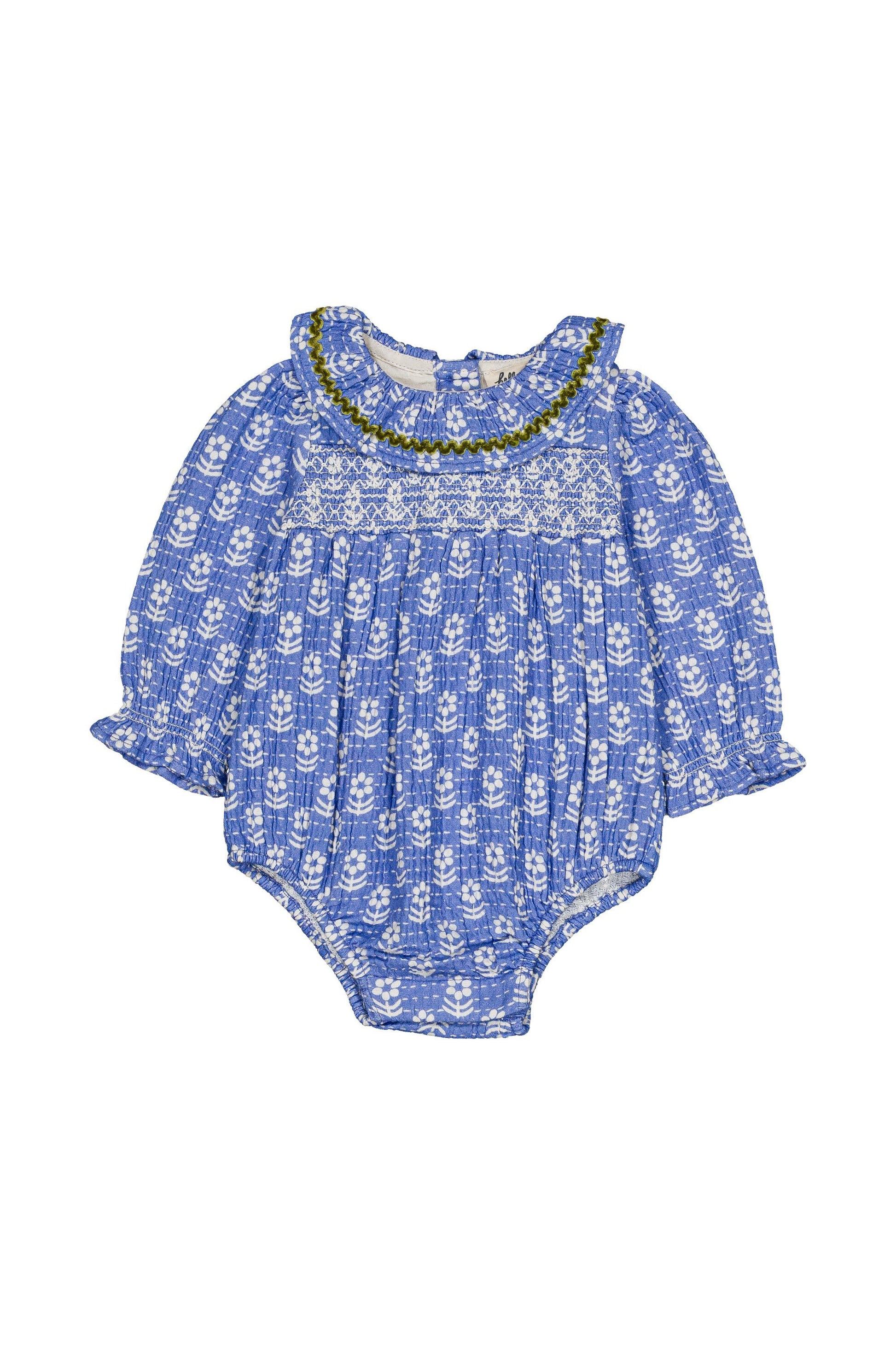 Smocked blue baby romper with ruffle collar on a white background