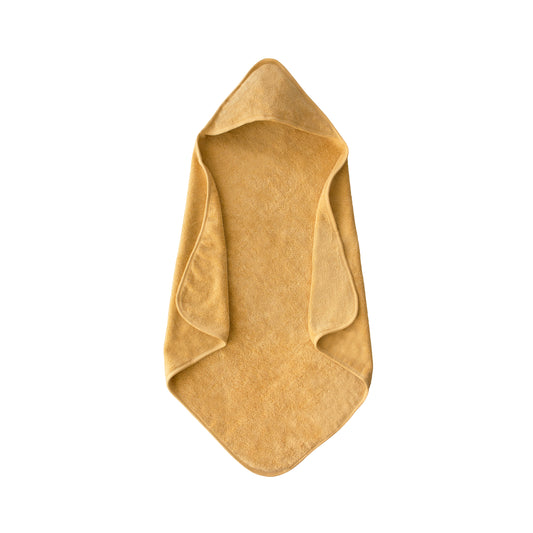 Yellow hooded baby/toddler towel on a white background