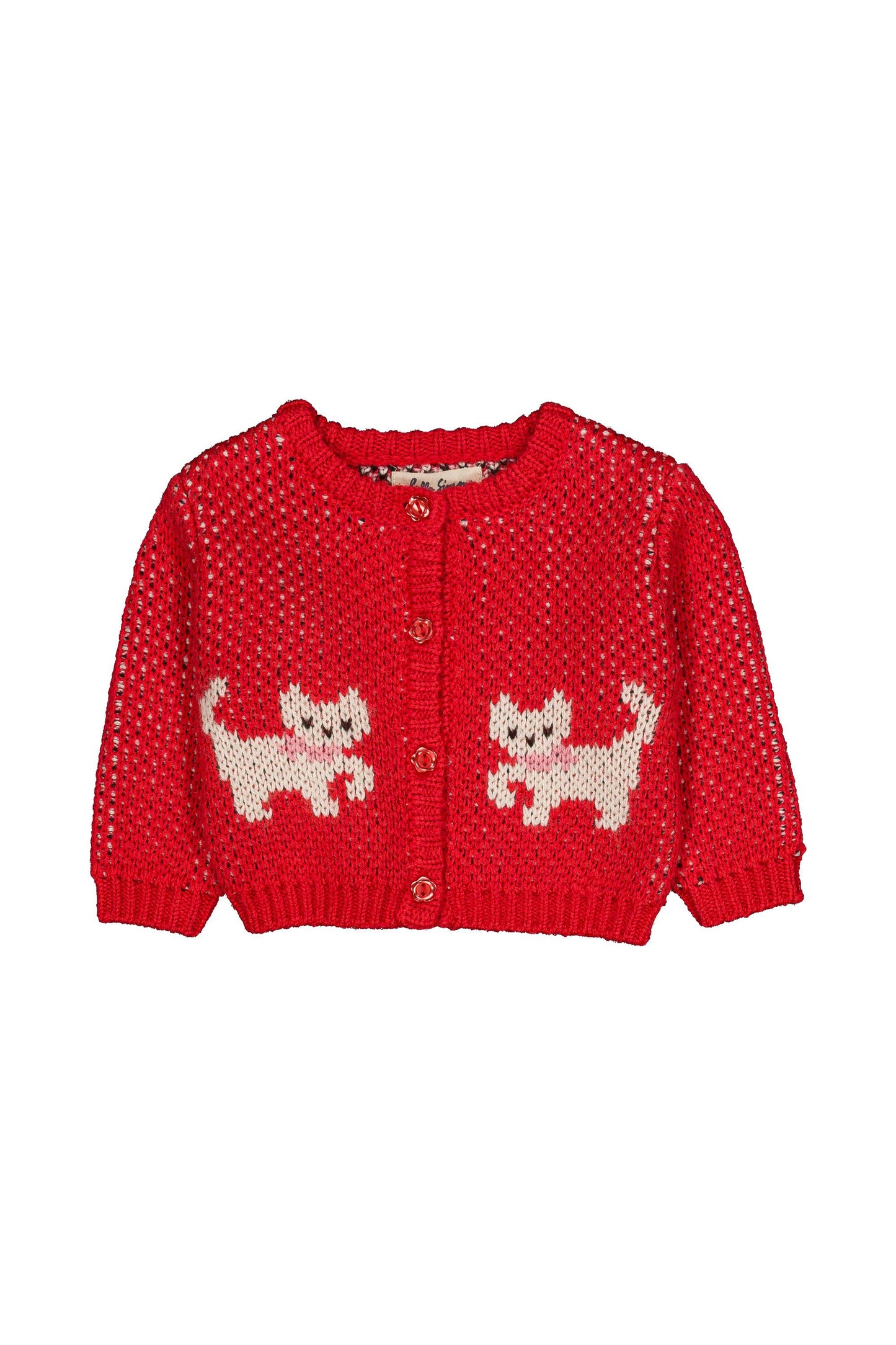 Red button front baby cardigan with white cats on the front, all on a white background