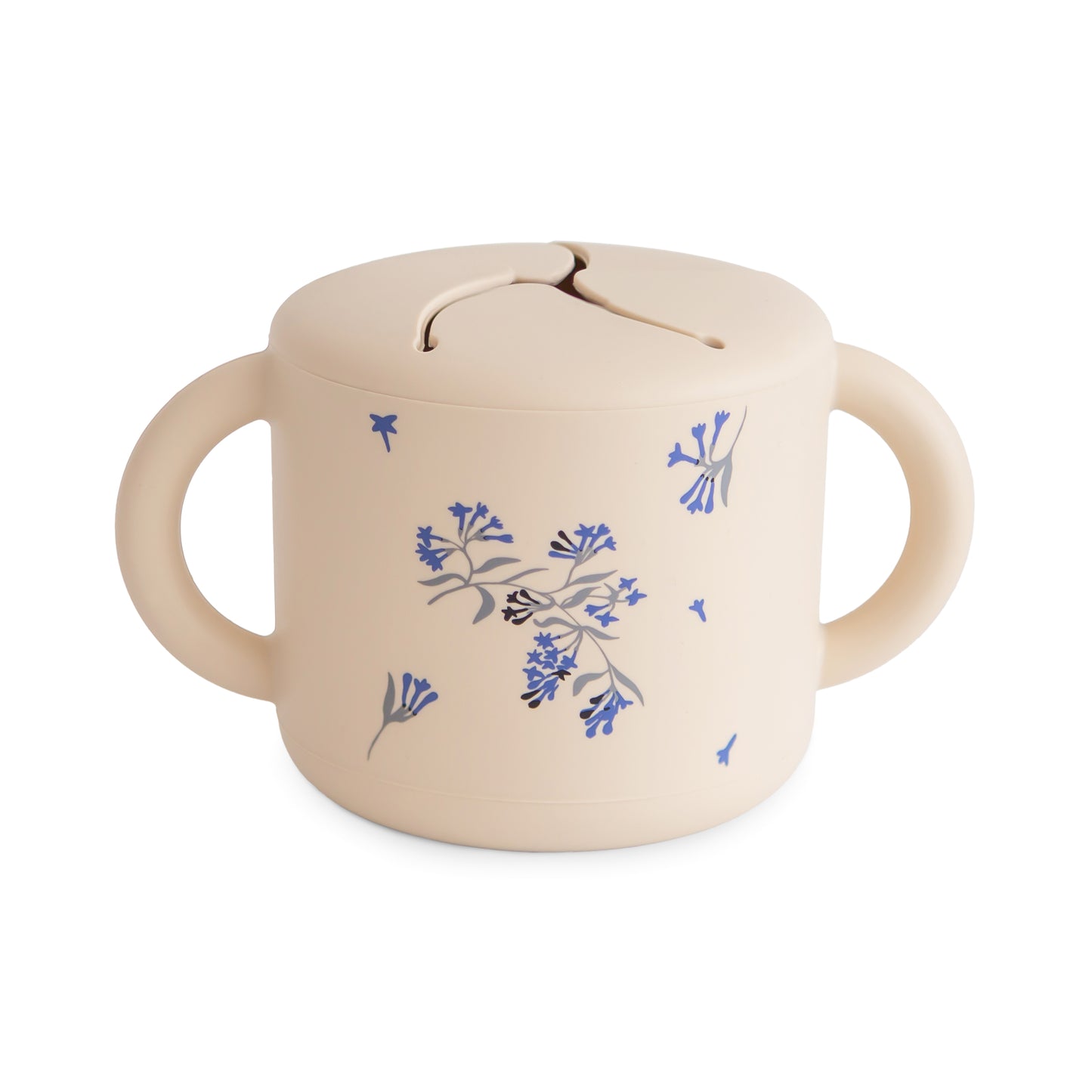 Beige snack cup with blue floral patterns on a white background