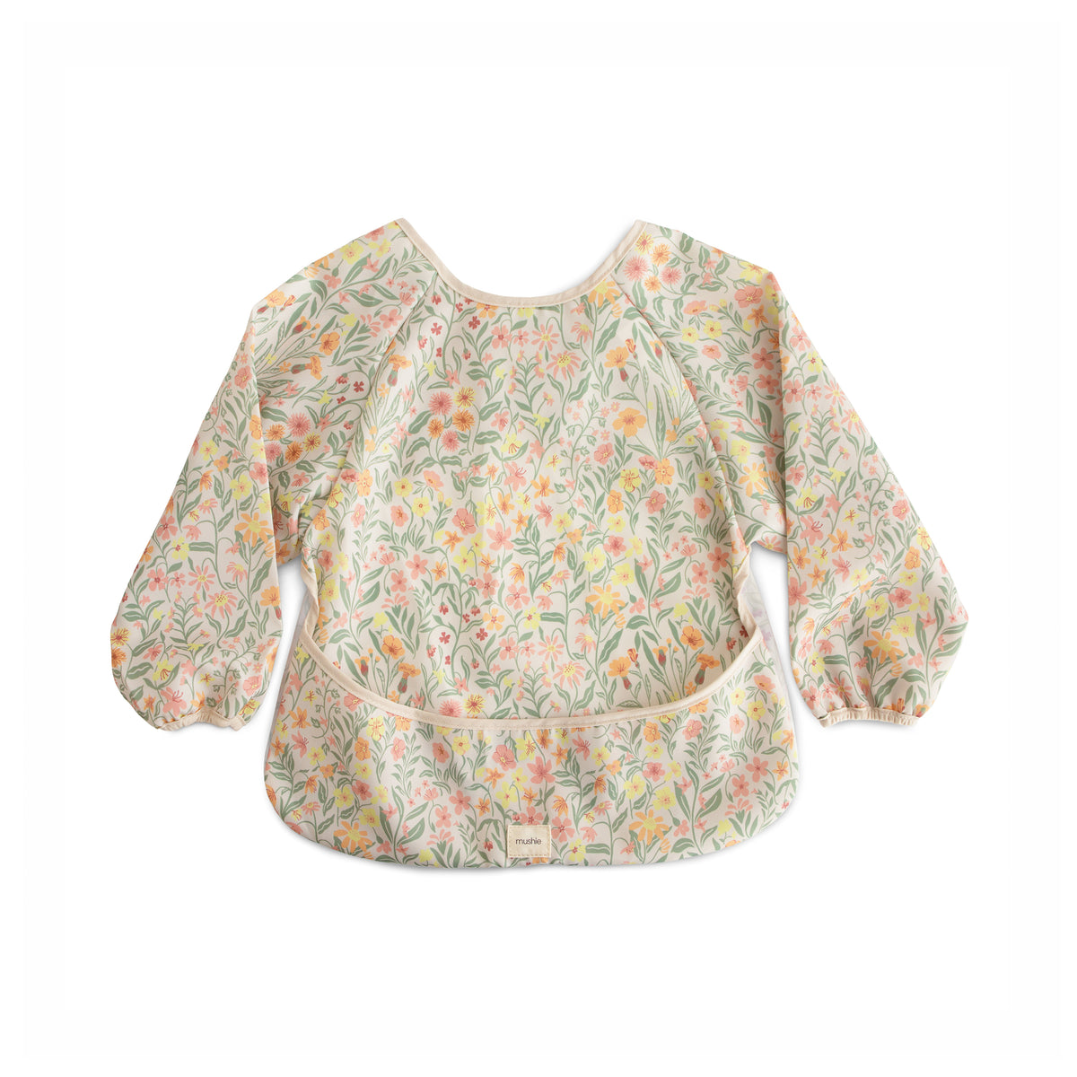 Floral patterned long sleeved baby bib on a white background