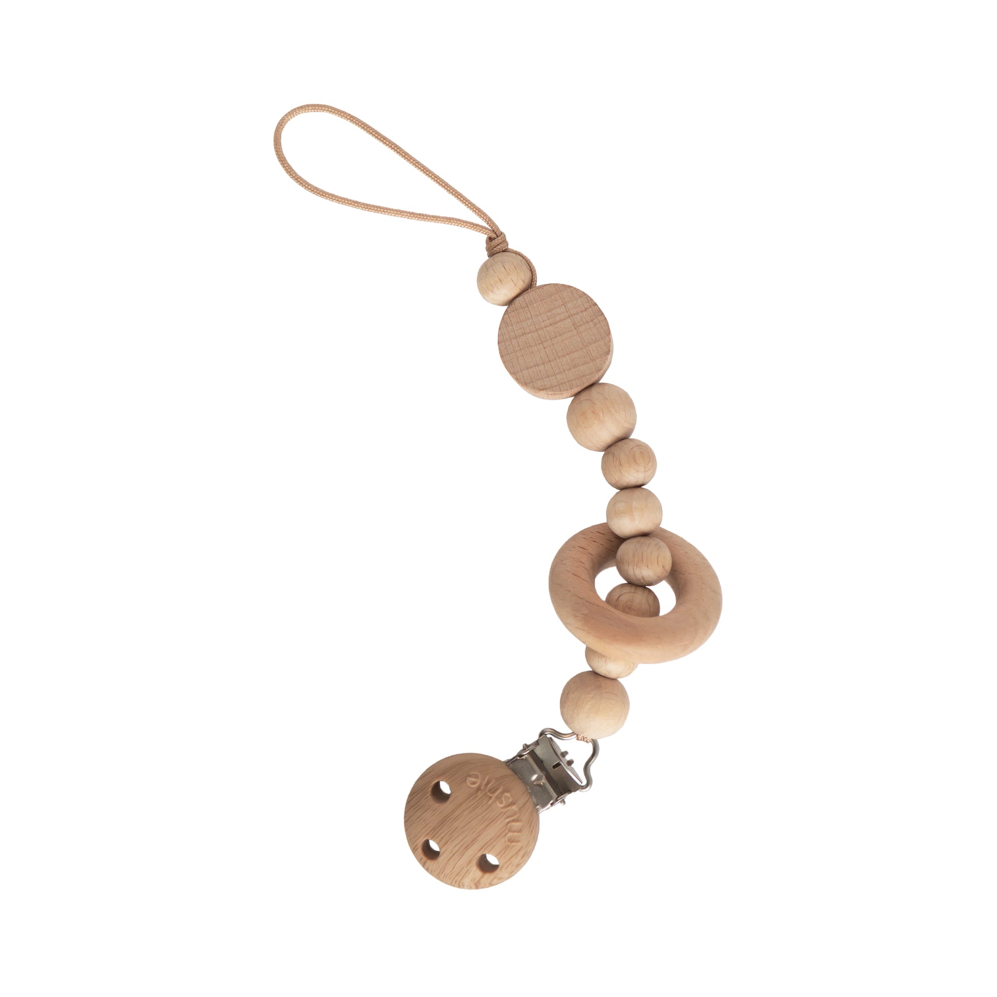 Wooden pacifier clip with beads on a white background
