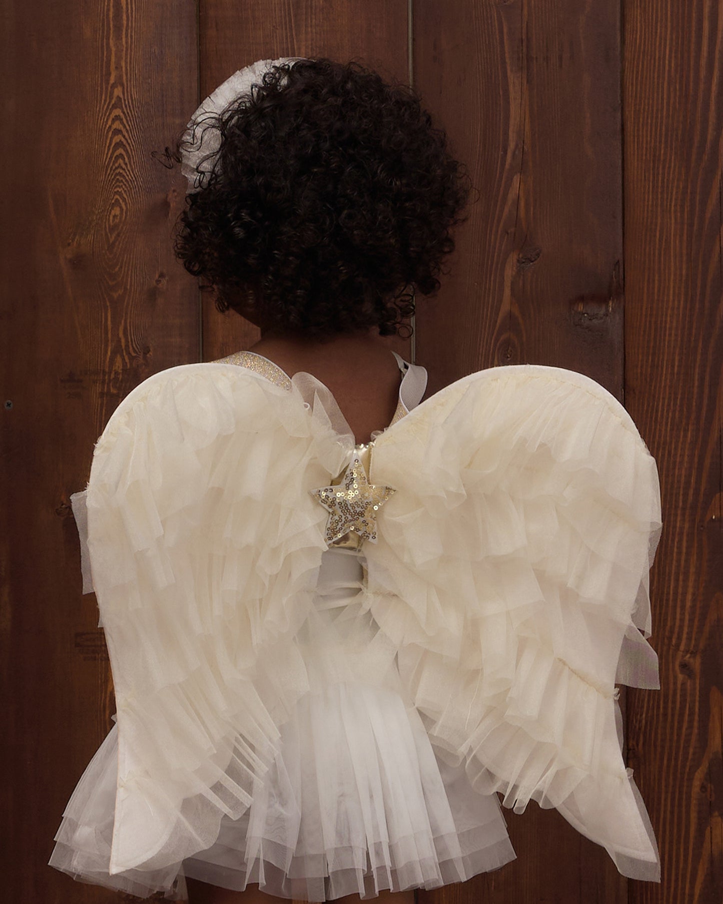 Young child wearing angel wings in front of a wooden background