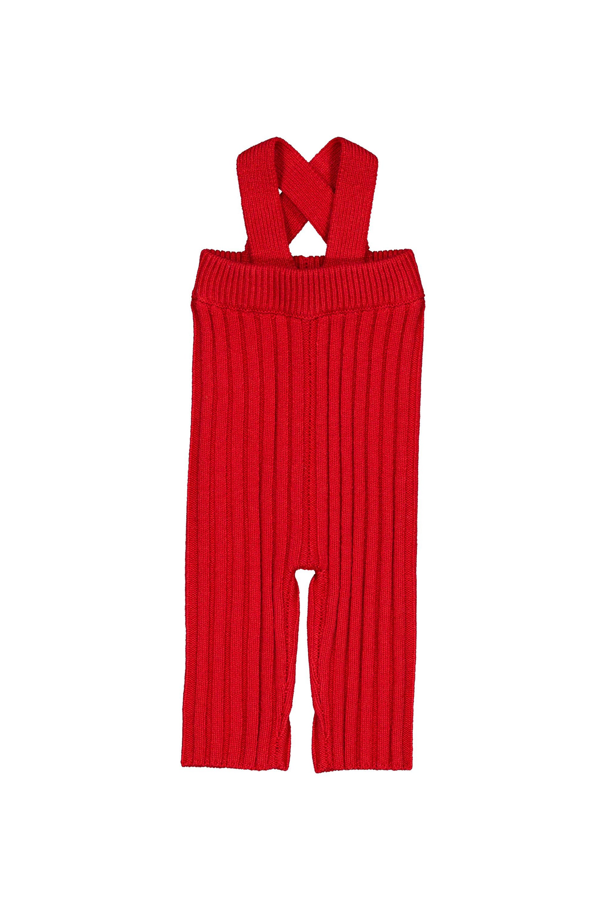 Red baby knit overall leggings on a white background