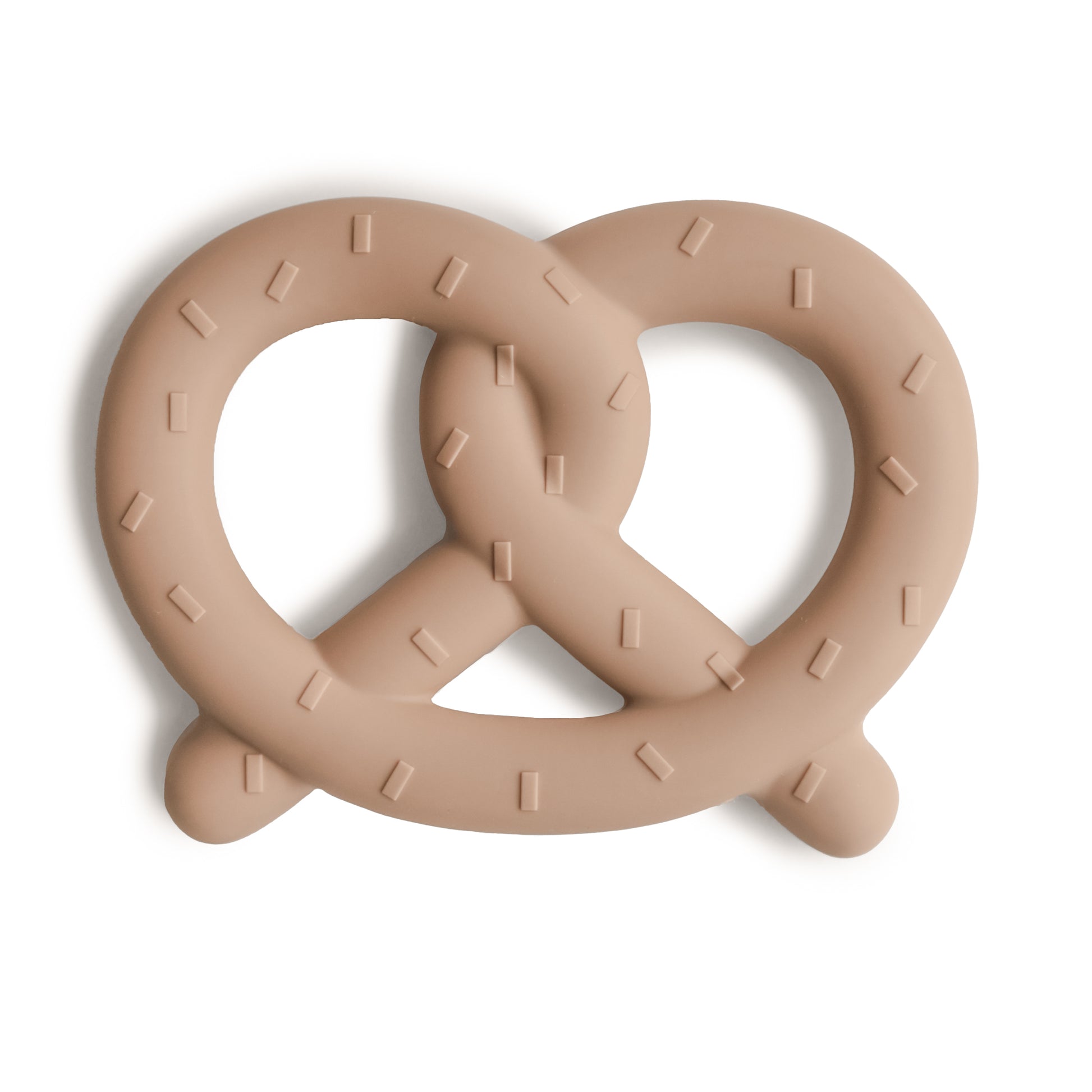 Beige pretzel-shaped teething toy on a white background