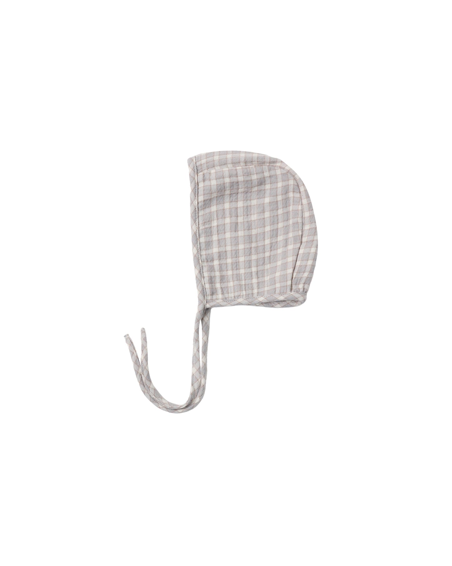 Blue gingham cotton gauze baby bonnet with ties at the chin on a white background