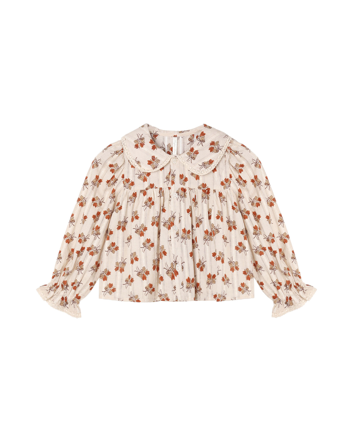 A long-sleeve blouse with a ruffled Peter Pan collar and ruffled cuffs, featuring an all-over floral print in orange, brown, and muted green on a warm cream background.