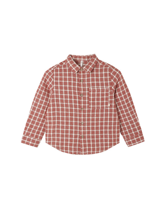 A long-sleeve button-up shirt for a child, featuring a red and white plaid pattern, displayed flat against a solid white background.