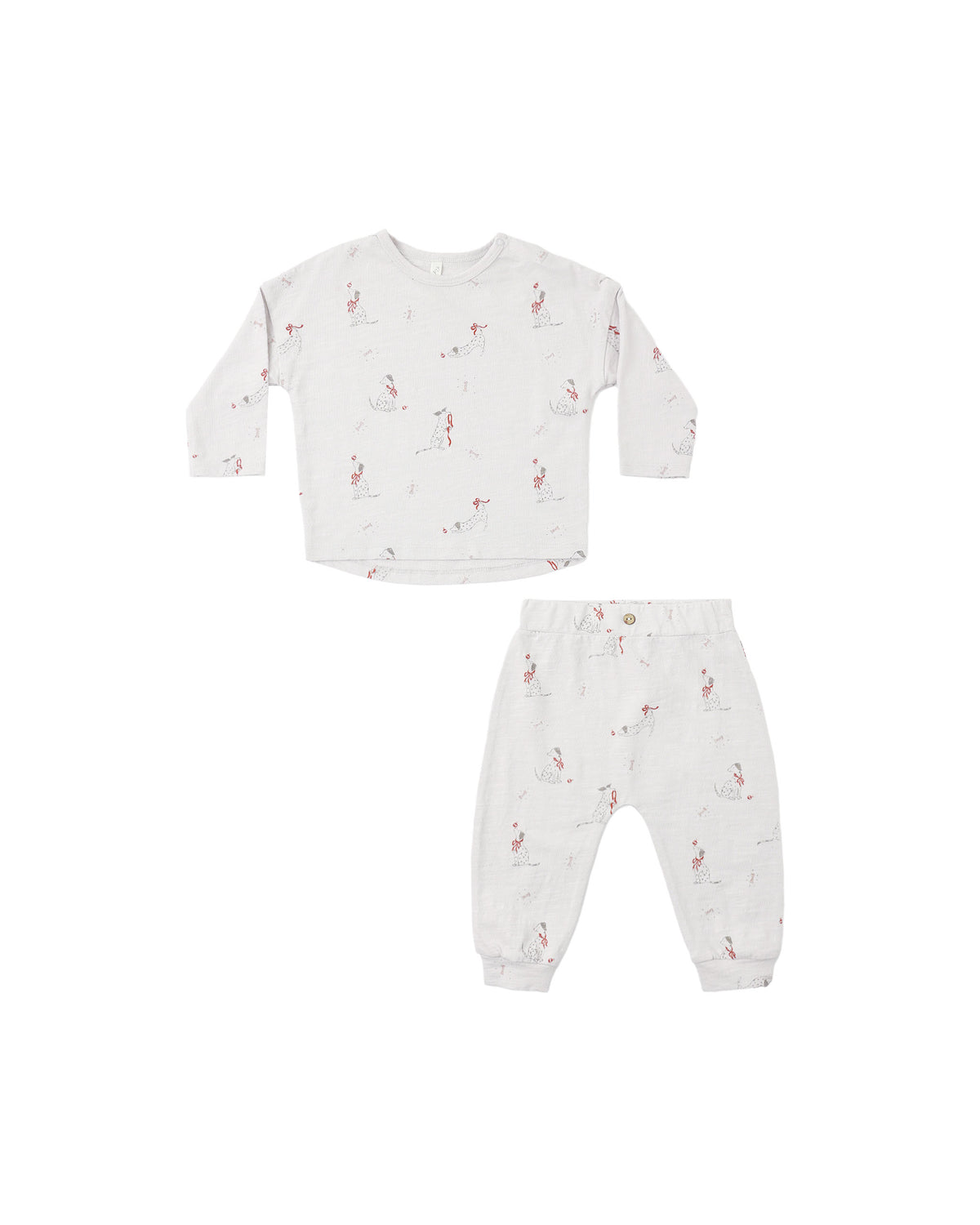 A two-piece baby clothing set featuring a long-sleeve top and matching pants in an off-white fabric with a dalmation print, displayed on a solid white background.