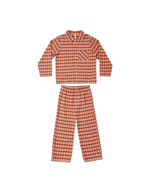 Long sleeve ruby plaid pajama set for children, shown on a white background