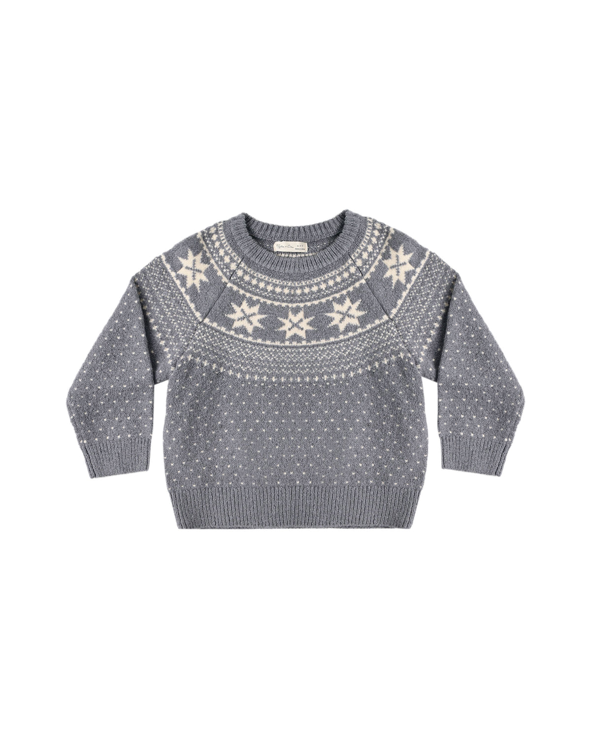 A gray knit sweater with a cream-colored Fair Isle pattern featuring snowflakes and geometric designs across the yoke and sleeves, displayed flat against a white background.