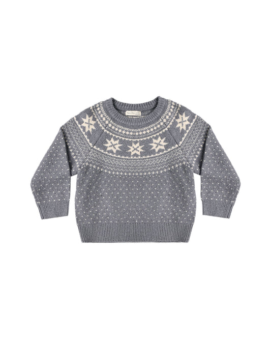 A gray knit sweater with a cream-colored Fair Isle pattern featuring snowflakes and geometric designs across the yoke and sleeves, displayed flat against a white background.