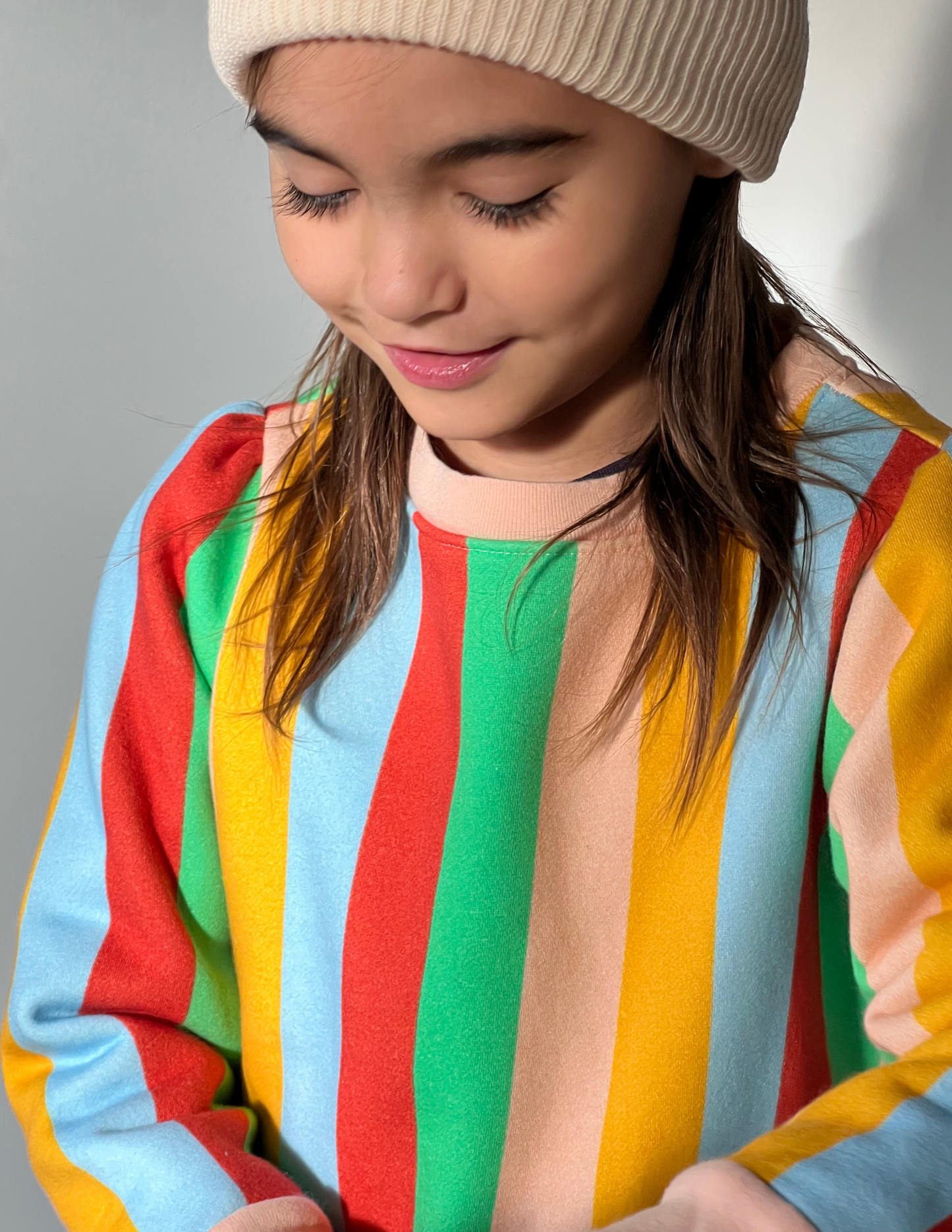 Girls Puff Sleeve Sweatshirt- Colorful Multi Stripe