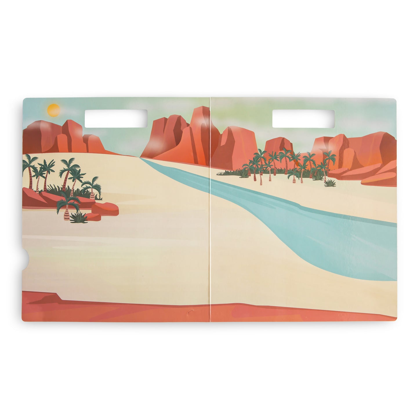 Cardboard spread with a desert landscape design featuring red rock formations and palm trees.