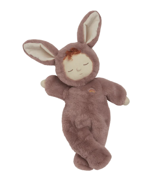 Plush toy resembling a baby in a bunny costume on a white background