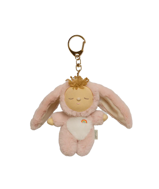Plush keychain with a baby in a bunny costume on a white background