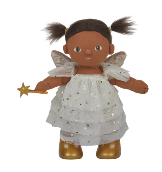 Fairy doll with a white dress and a star wand on a white background