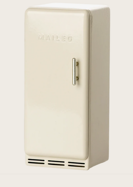 Beige retro dollhouse refrigerator with 'Maileg' branding on a white background