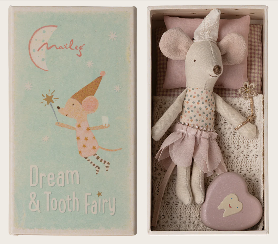 Toy mouse tooth fairy in a box with a decorative heart shaped box featuring illustrations and text. "Maileg" "Dream & Tooth Fairy"