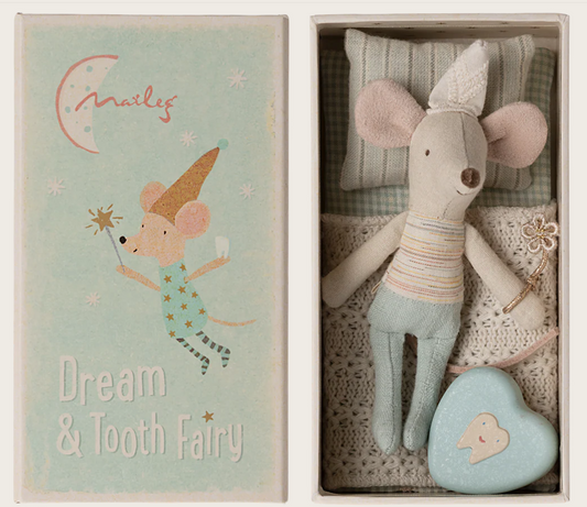 Stuffed mouse toy with a heart-shaped tin in a box labeled 'Dream & Tooth Fairy'.