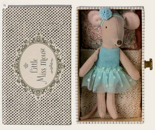 Stuffed mouse toy in a blue tutu, in a box with 'Little Miss Mouse' branding