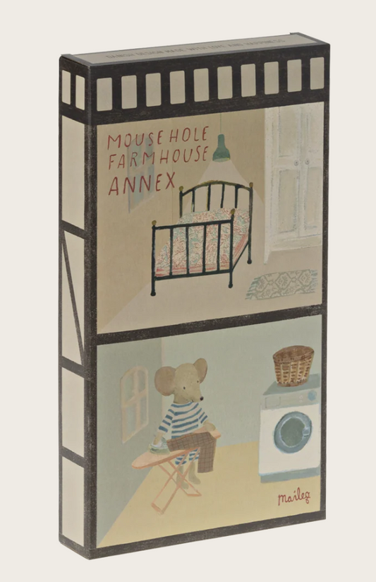 Mousehole Farmhouse Annex packaging with illustrations of a mouse and interior scenes.