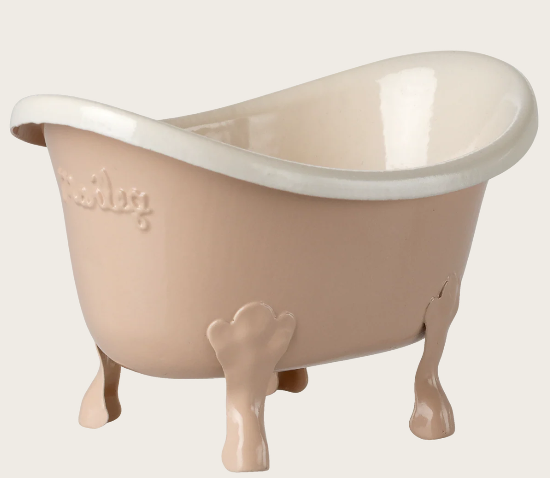 Rose colored bathtub for toy Maileg mice on white background