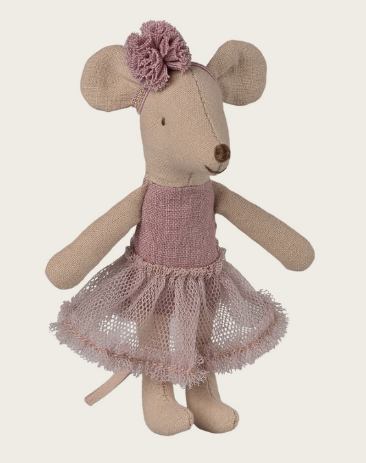 Stuffed mouse toy with a pink ballerina dress and flower headband on a beige background