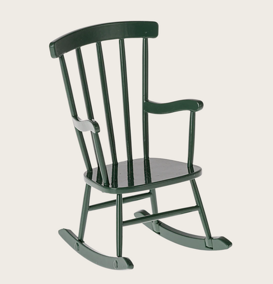 green dollhouse sized rocking chair on white background