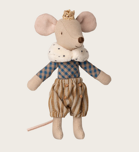 Maileg prince mouse doll wearing a prince costume with a fur collar and crown