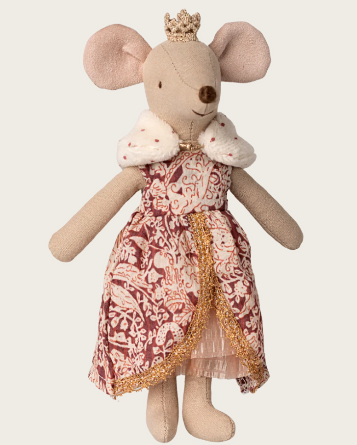 Maileg queen mouse doll wearing queen costume with fur collar and red paisley dress