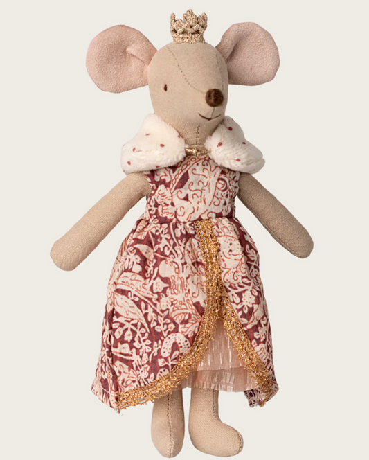 Maileg queen mouse doll wearing queen costume with fur collar and red paisley dress