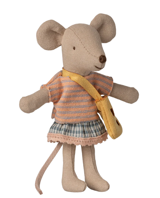 Stuffed mouse toy wearing a striped shirt and skirt with a yellow bag on a white background
