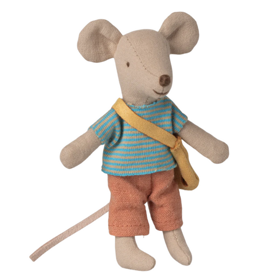 small mouse doll wearing mint striped shirt, orange pants and a yellow shoulder bag