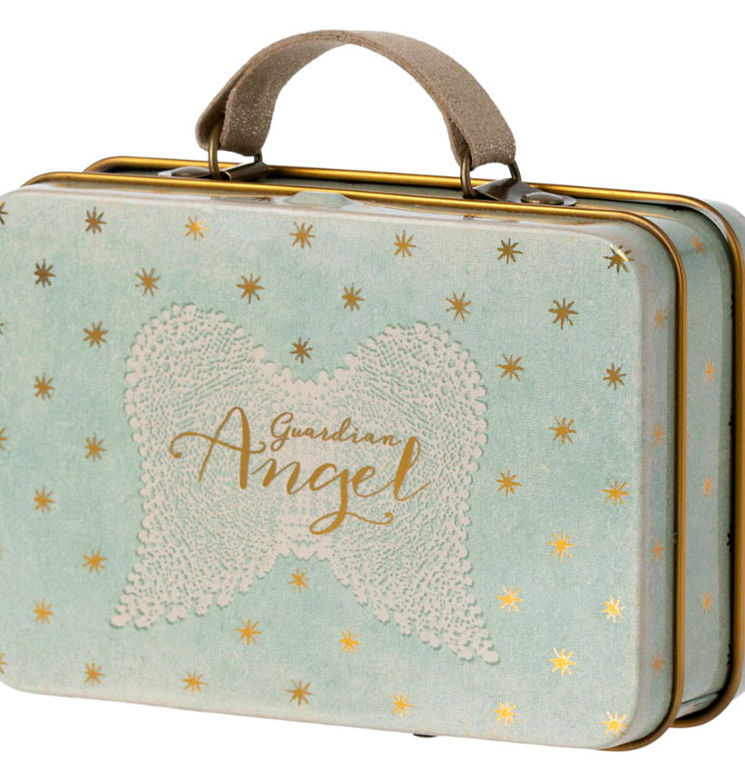 Small suitcase with 'Guardian Angel' design on a light blue background