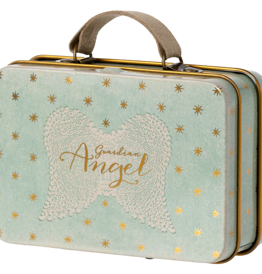 Small suitcase with 'Guardian Angel' design on a light blue background