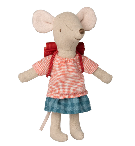 Stuffed mouse toy wearing a red checkered shirt and blue skirt on a white background