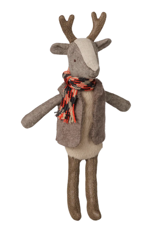 Maileg reindeer father character wearing a red and black scarf and a fur vest