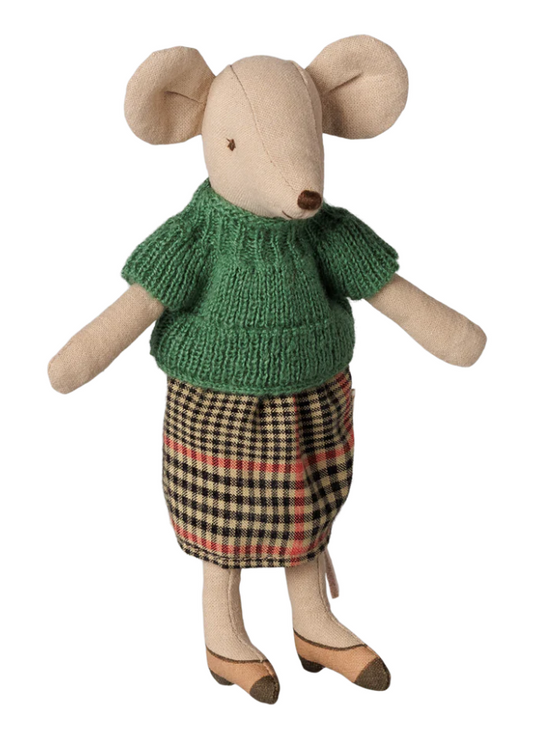 Maileg Grandma mouse is dressed in a beautiful green knitted blouse and checked skirt. 