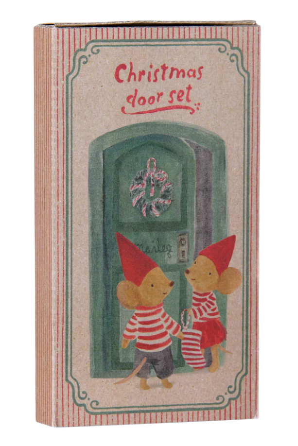 Christmas door set box with illustrated design featuring two maileg mice in red elf hats near door