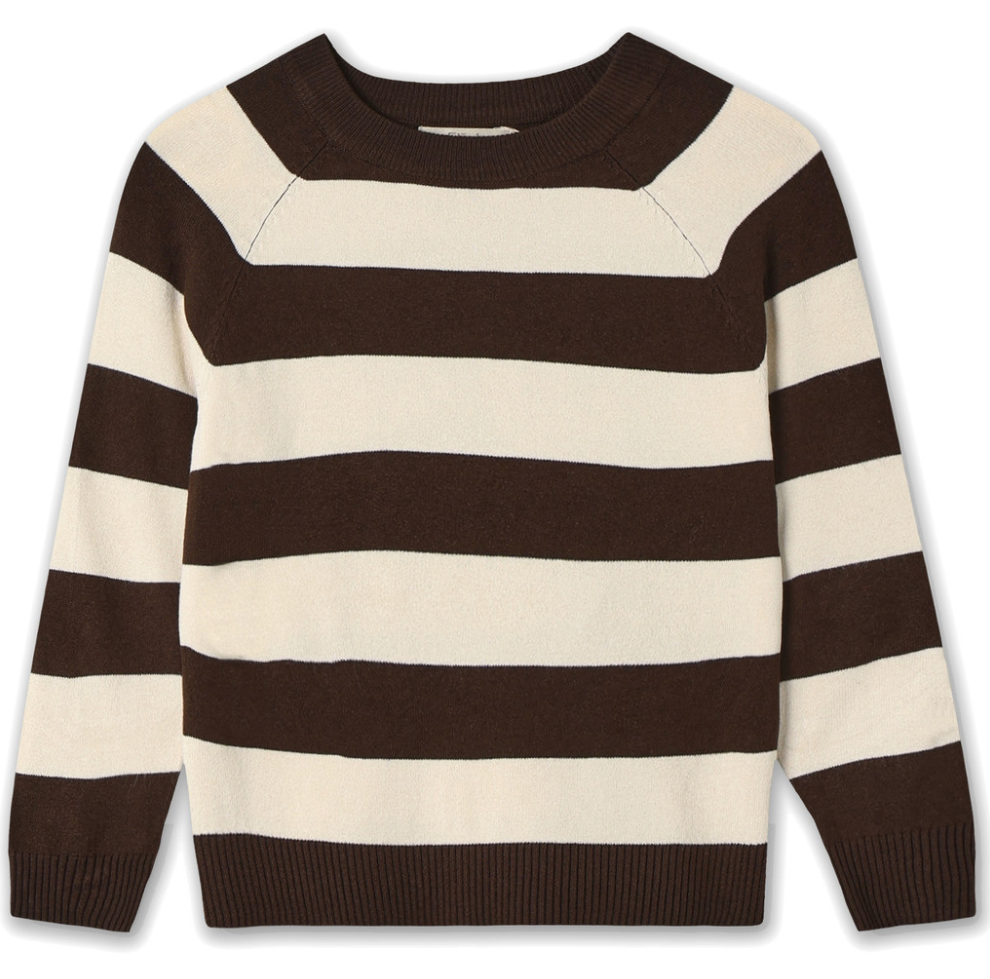 Ivory and brown striped pullover sweater on a white background