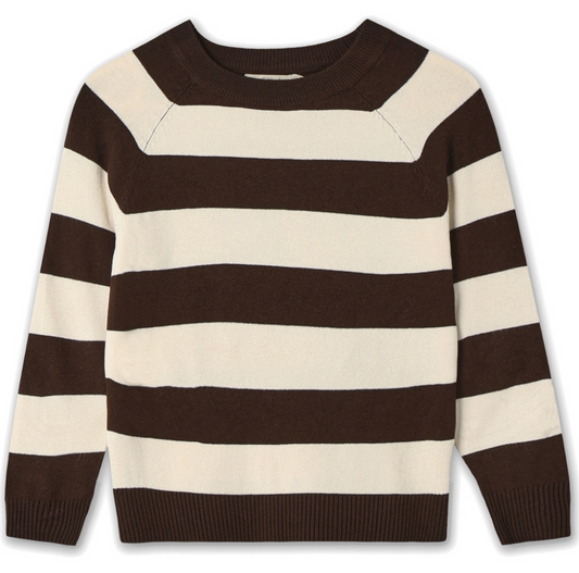 Ivory and brown striped pullover sweater on a white background