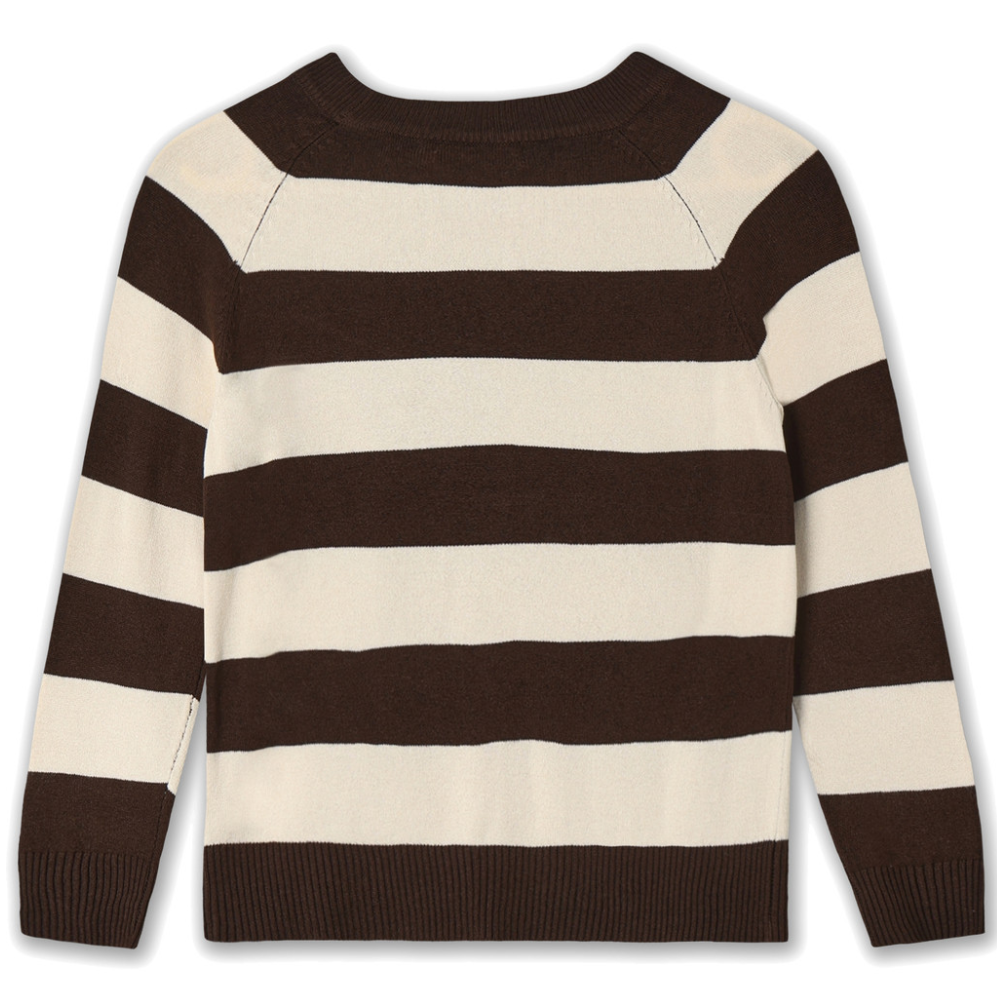Back view of ivory and brown striped pullover sweater on a white background